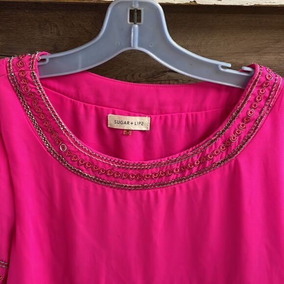 Sugar + Lips Hot Pink Embellished Short Sleeve Tiered Blouse Hot Pink Medium - Picture 3 of 10